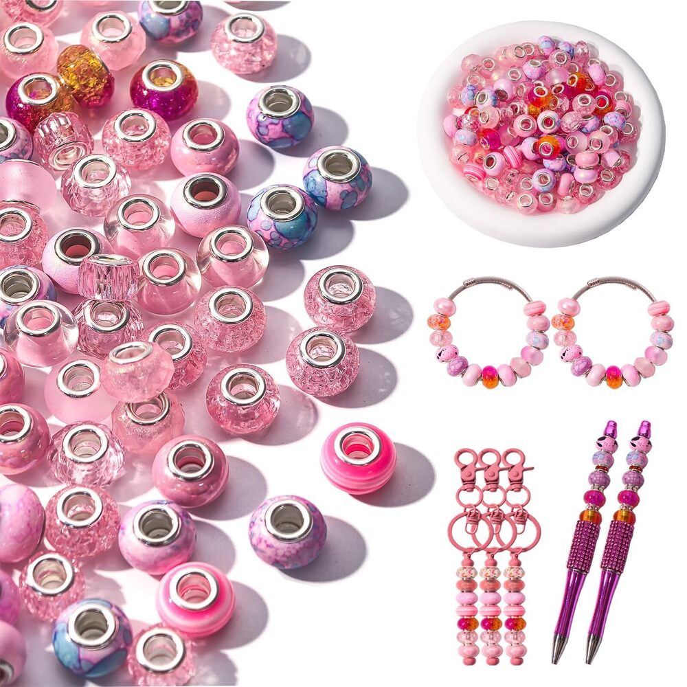 9894 220 Pcs Beads for Pens - European Craft Large Hole Beads - Pink